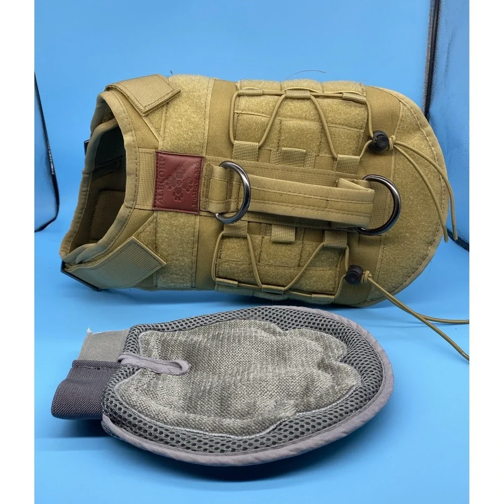 Tactical Dog Vest Harness Size L‎ Khaki Color & Dual Function Grooming Glove
